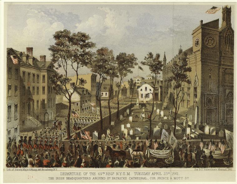 Panoramic view of the Irish heritage unit, the 69th Regiment of the U.S. Army parading in formation through the intersection of Prince and Mott Street, Manhattan.