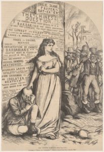 A defiant Columbia in an 1871 cartoon, shown protecting a defenseless Chinese man from an angry Irish lynch mob