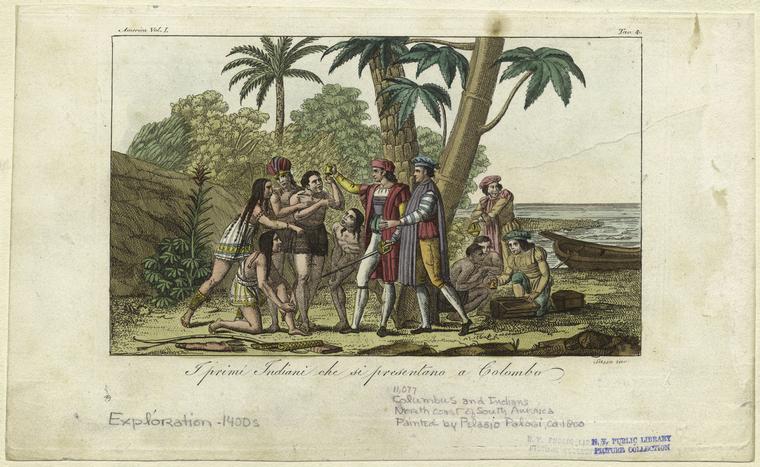 Native Indians greeting Christopher Columbus. 1823